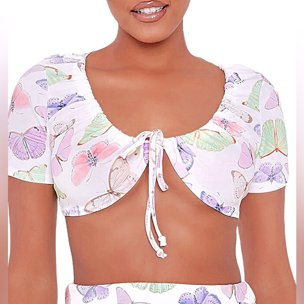 WHITE BUTTERFLY PRINT RUCHED CROP TOP